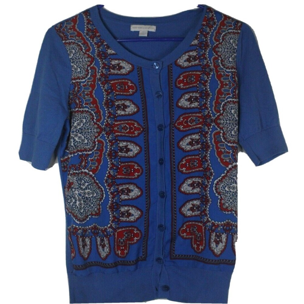 New York & Co Paisley Short Sleeve Button Up Sweater Womens Size XS Extra Small